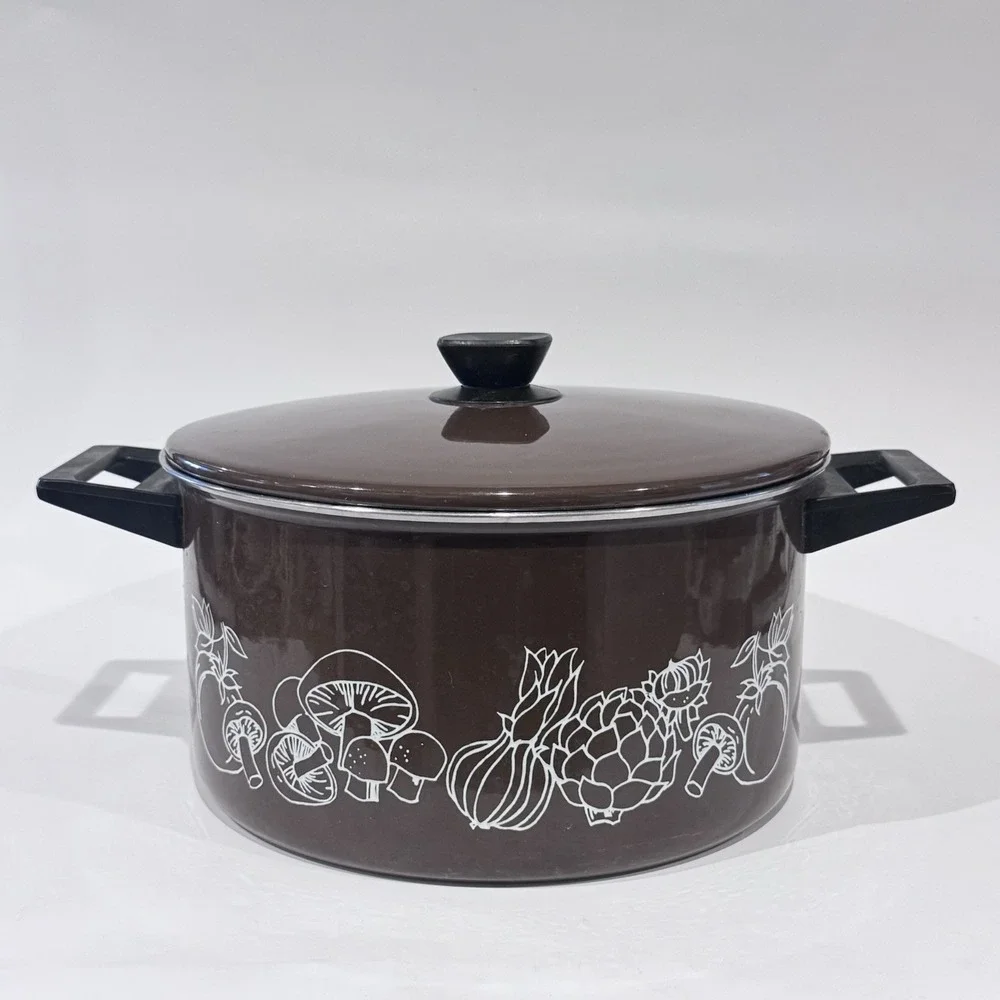 Vintage 70s Enamel Ware Pot w‎ Lid Brown w White Vegetable Pattern